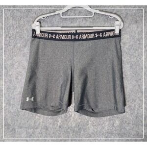 Under Armour Women Shorts L Biker Logo Waist Band Gray Quick Dry Atheleisure Gym